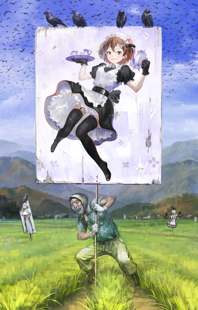 1girl apron arata_yokoyama bird black_gloves brown_eyes brown_hair closed_eyes garter_belt gloves hair_ornament hairclip holding holding_sign hood maid maid_headdress open_mouth original puffy_sleeves ribbon scarecrow short_hair sign skirt smile teapot thighhighs what white_gloves