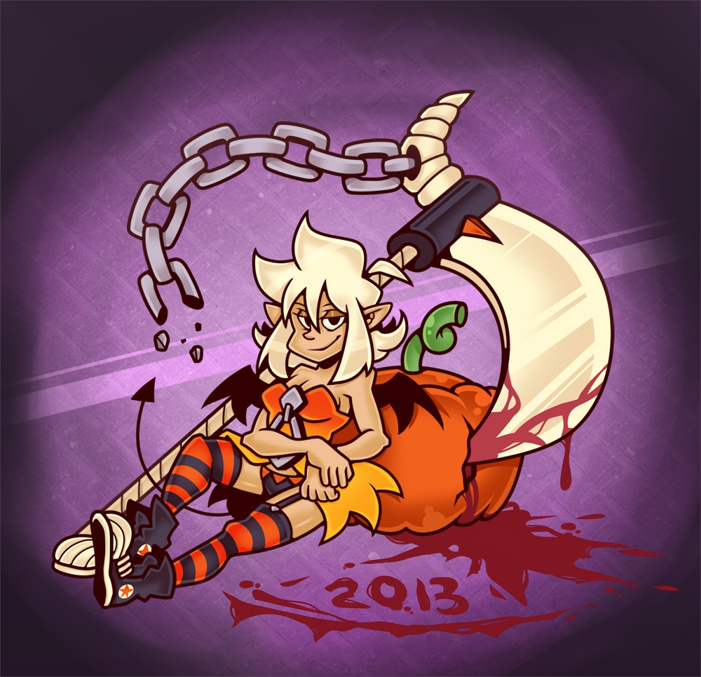 1girl blonde_hair crazy_sunshine garter_straps halloween lacie_(crazy_sunshine) lacie_caramelle pointy_ears pumpkin scythe shoes sneakers solo striped striped_legwear thighhighs