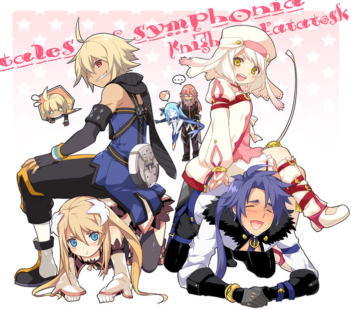 3girls :t alice_(tales) all_fours aqua_(tales) blonde_hair bloomers blue_eyes blue_hair blush boots brown_hair capri_pants closed_eyes copyright_name decus emil_castagnier gloves knee_boots l_(matador) long_hair marta_lualdi multiple_boys multiple_girls pants ponytail purple_hair rapier red_eyes red_hair richter_abend shoes short_hair sitting sitting_on_person sweat sword tales_of_(series) tales_of_symphonia tales_of_symphonia_knight_of_ratatosk underwear veil weapon yellow_eyes