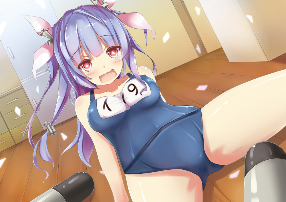 blue_hair breasts fang i-19_(kantai_collection) kantai_collection large_breasts long_hair one-piece_swimsuit red_eyes school_swimsuit solo spread_legs star star-shaped_pupils suzuame_yatsumi swimsuit symbol-shaped_pupils torpedo twintails
