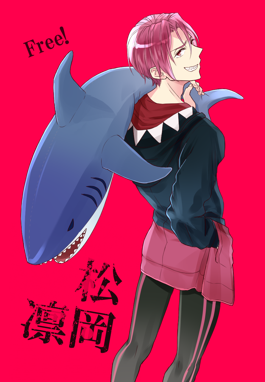 character_name copyright_name free! great_white_shark highres jacket jammers looking_back male_focus matsuoka_rin naruyasu red_eyes red_hair shark sharp_teeth smile swimsuit teeth