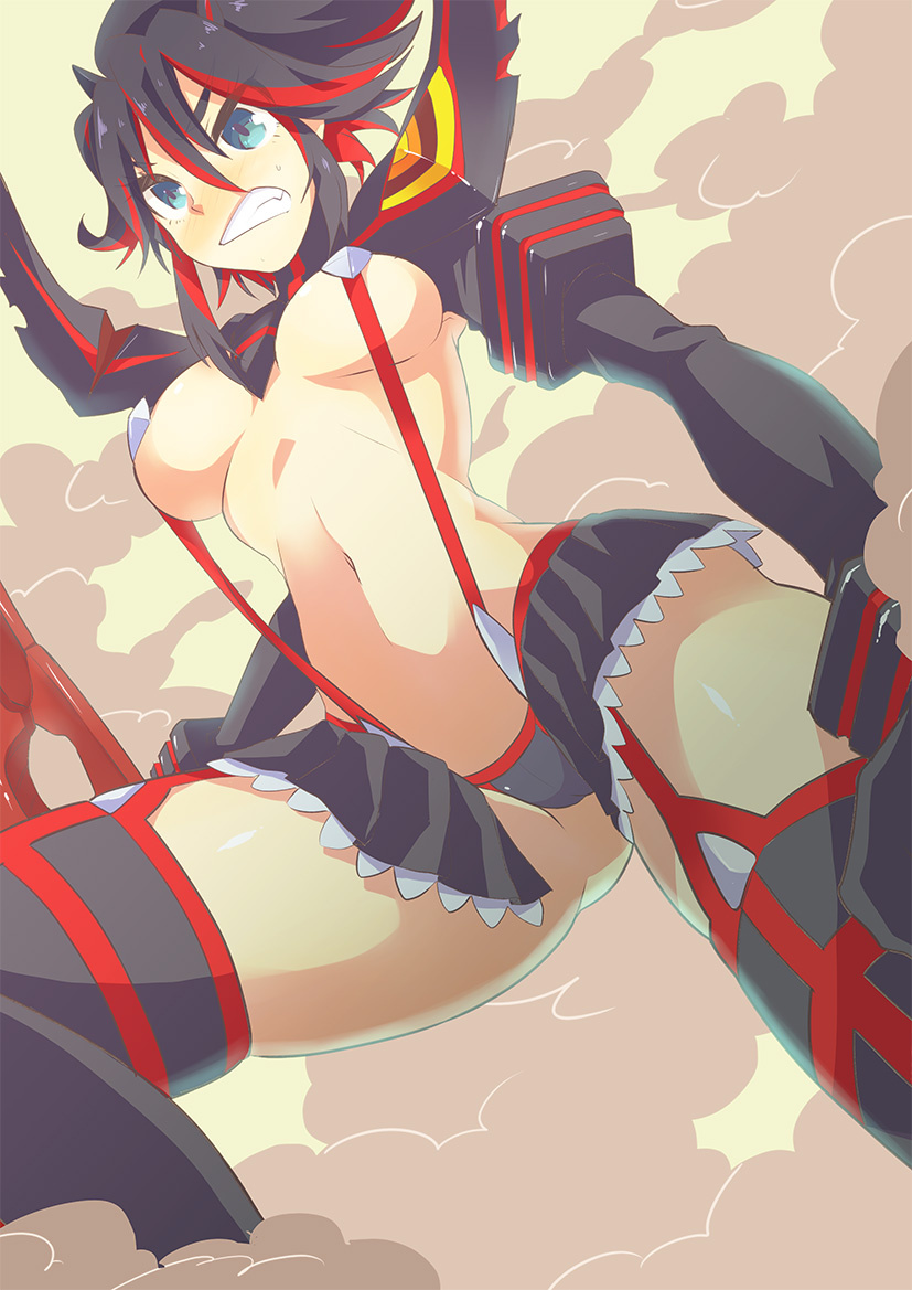 bad_id bad_pixiv_id black_hair blue_eyes breasts clenched_teeth d: elbow_gloves garter_straps gloves kill_la_kill matoi_ryuuko medium_breasts memeo_(candy_house) microskirt multicolored_hair navel open_mouth red_hair revealing_clothes senketsu short_hair skirt suspenders teeth thighhighs thighs two-tone_hair underboob v-shaped_eyebrows