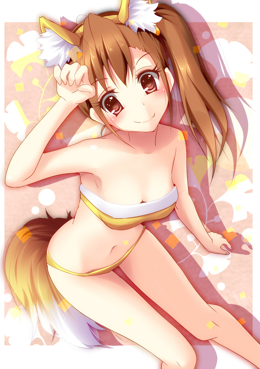 animal_ears arm_support bandeau bare_shoulders bent_over bikini breasts brown_eyes brown_hair cleavage fox_ears fox_tail futami_mami highres idolmaster idolmaster_(classic) long_hair looking_at_viewer medium_breasts natsu_(anta_tte_hitoha) navel side_ponytail smile solo swimsuit tail