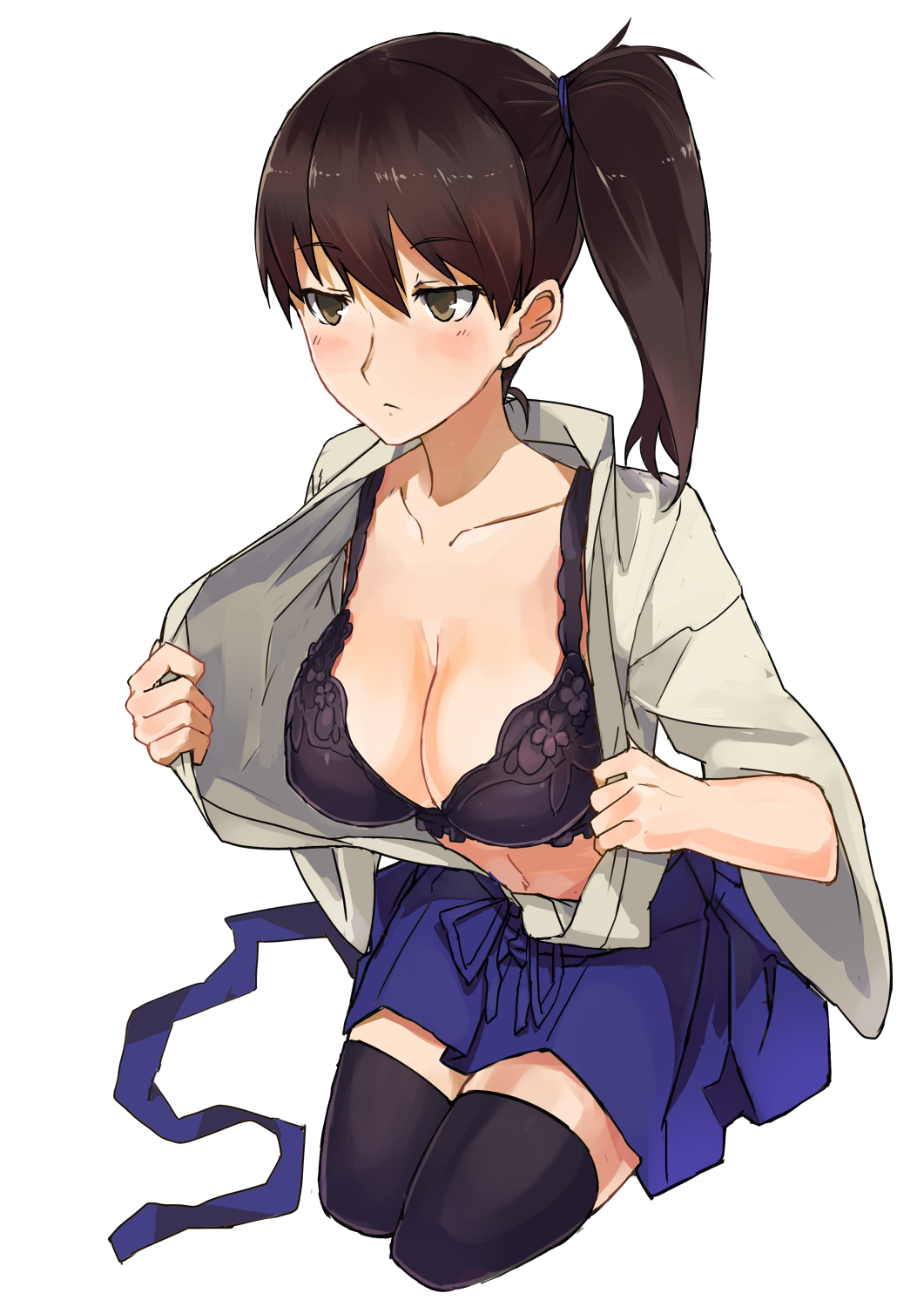 black_legwear bra breasts brown_eyes brown_hair cleavage collarbone highres japanese_clothes kaga_(kantai_collection) kantai_collection kusanagi_kaoru large_breasts partially_undressed pleated_skirt side_ponytail skirt solo thighhighs underwear zettai_ryouiki