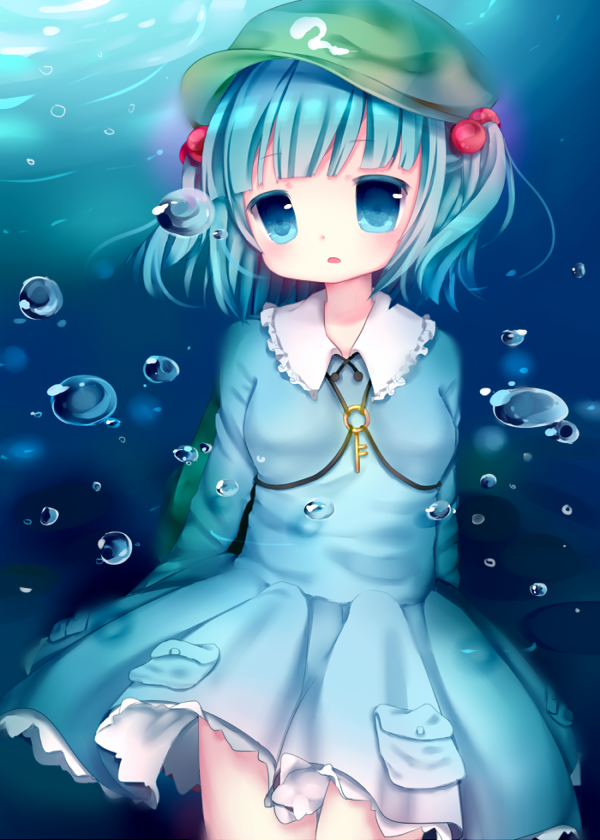 amashiro_natsuki backpack bad_id bad_pixiv_id bag blue_eyes blue_hair bubble dress hair_bobbles hair_ornament hat kawashiro_nitori key long_sleeves looking_at_viewer open_mouth pocket shirt short_hair short_twintails skirt skirt_set solo sunlight touhou twintails two_side_up underwater wet wet_clothes