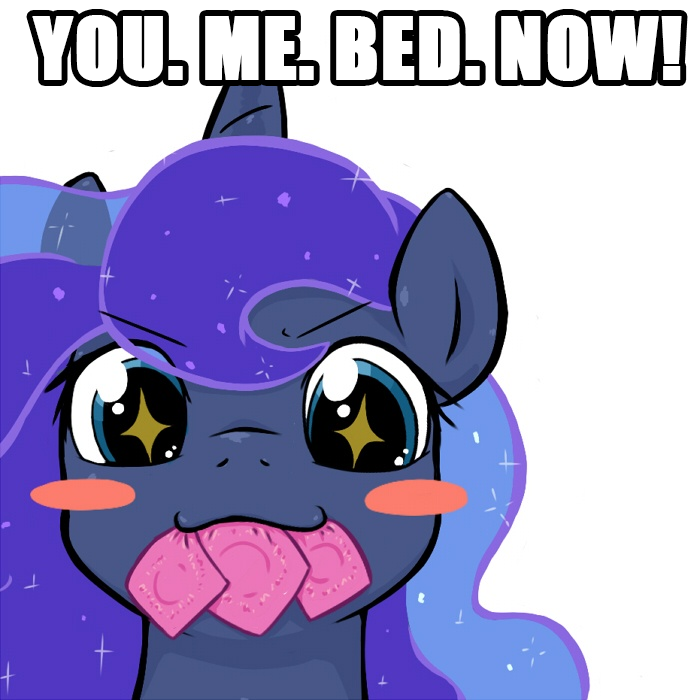 condom condom_in_mouth cute english_text equine female friendship_is_magic fur hair horn horse long_hair looking_at_viewer mammal my_little_pony pony princess_luna_(mlp) rigi royalty smile solo text winged_unicorn wings