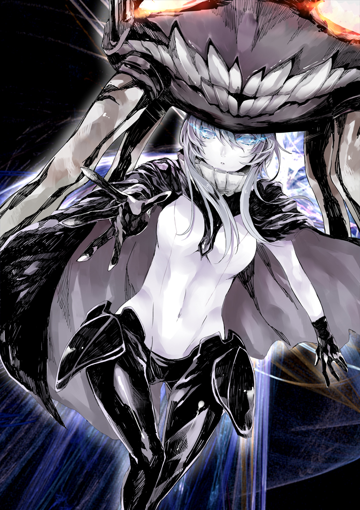 atoshi black_gloves blue_eyes bodysuit breasts cape covered_navel gloves glowing glowing_eye grey_eyes kantai_collection light_trail long_hair looking_at_viewer medium_breasts outstretched_arm outstretched_hand pale_skin shinkaisei-kan silver_hair solo staff teeth tentacles thighhighs wo-class_aircraft_carrier