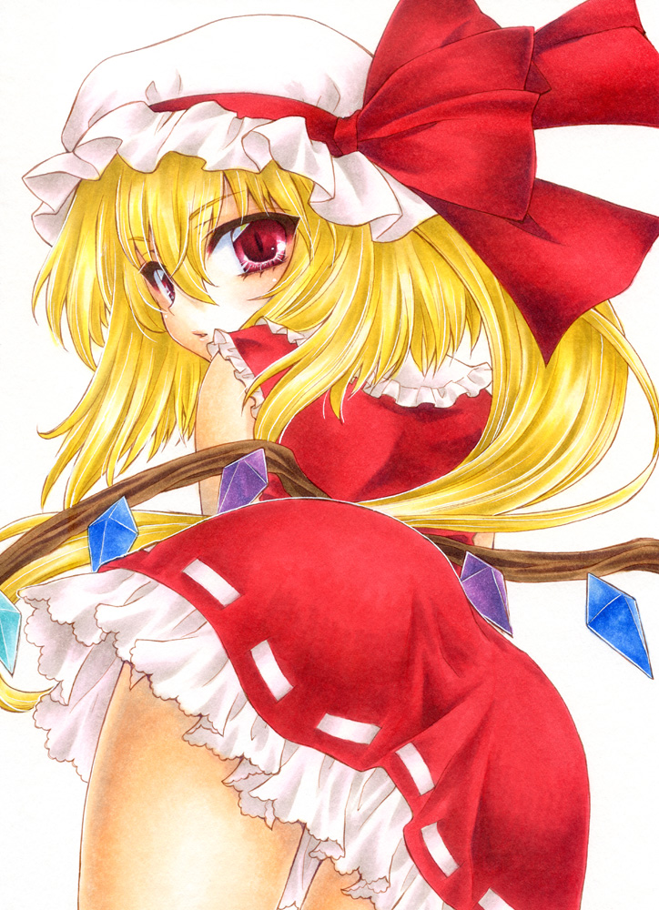 aoi_yuuka_(ao_no_kokoro) ass blonde_hair blush crystal flandre_scarlet frills from_behind hat hat_ribbon looking_at_viewer looking_back marker_(medium) mob_cap ponytail red_eyes red_skirt ribbon short_hair side_ponytail simple_background skirt solo touhou traditional_media watercolor_pencil_(medium) white_background wings
