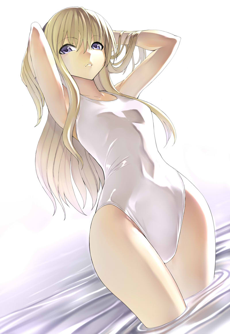 adjusting_hair armpits arms_behind_head arms_up blonde_hair blue_eyes dutch_angle hair_tucking hakaba_(dairiseki) long_hair looking_at_viewer one-piece_swimsuit parted_lips quiz_magic_academy shalon shiny shiny_clothes simple_background solo standing swimsuit wading water white white_swimsuit wide_hips