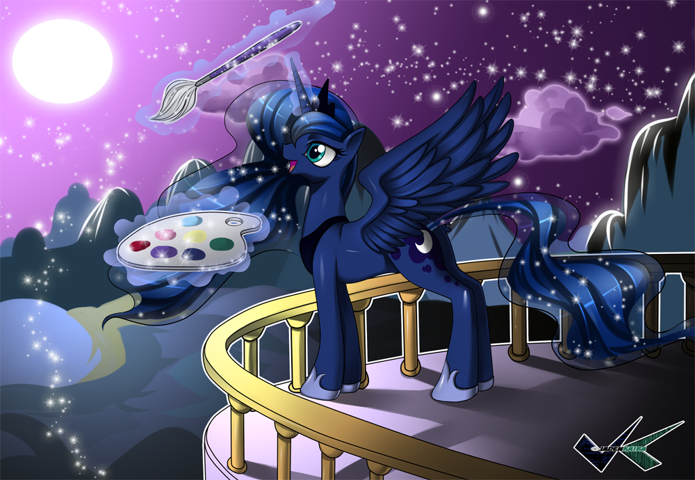 balcony cloud crown cutie_mark equine female feral friendship_is_magic glowing horn horse jadenkaiba magic mammal moon mountain my_little_pony necklace night outside paintbrush pony princess_luna_(mlp) sparkles standing stars winged_unicorn wings