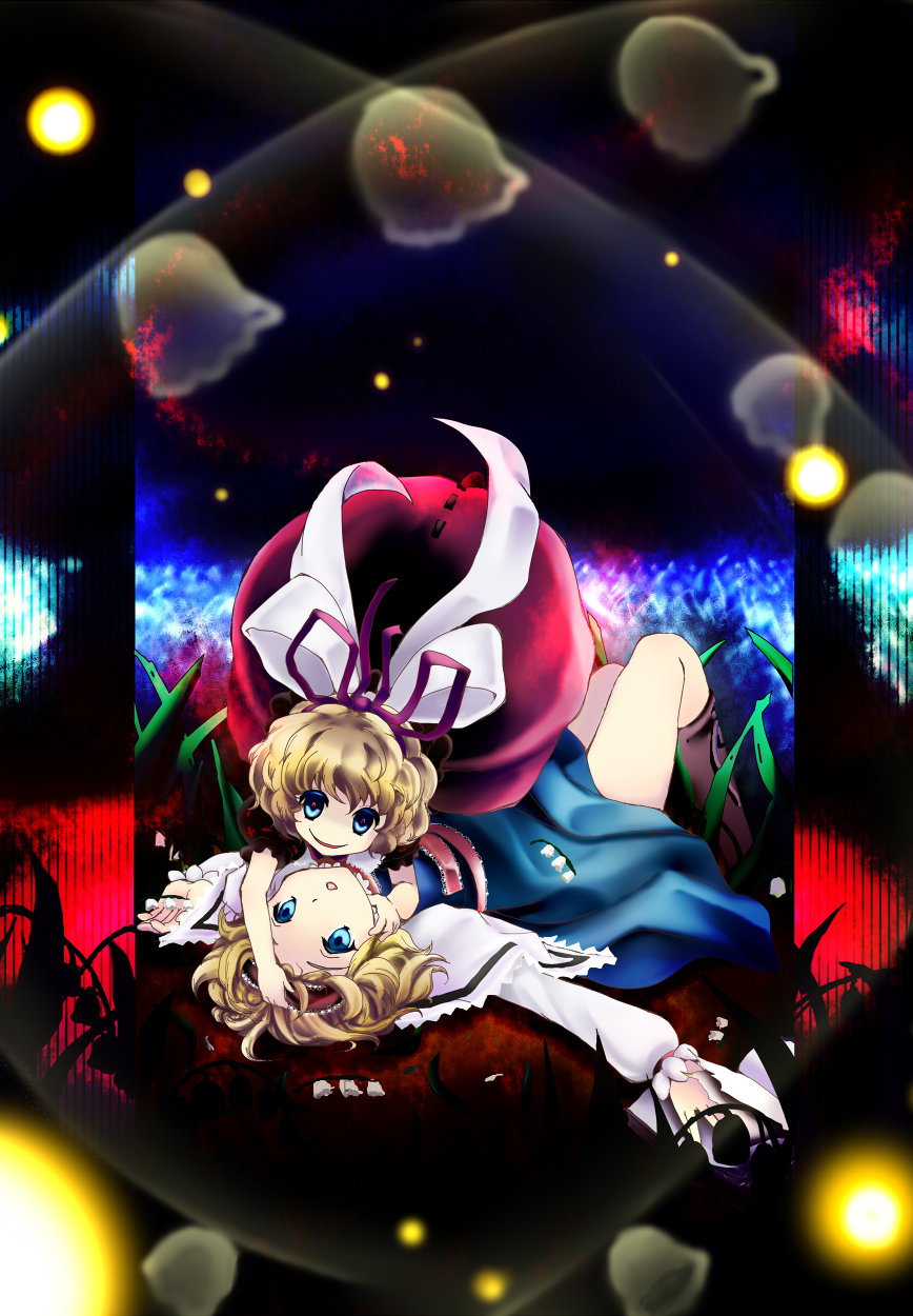 alice_margatroid bad_id bad_pixiv_id blonde_hair blue_hair boots dress empty_eyes flower girl_on_top hair_ribbon hairband hands_on_another's_face highres legs lily_of_the_valley long_sleeves looking_at_viewer lying medicine_melancholy multiple_girls oka_(umanihiki) outstretched_arms ribbon short_hair short_sleeves skirt smile smirk spread_arms touhou