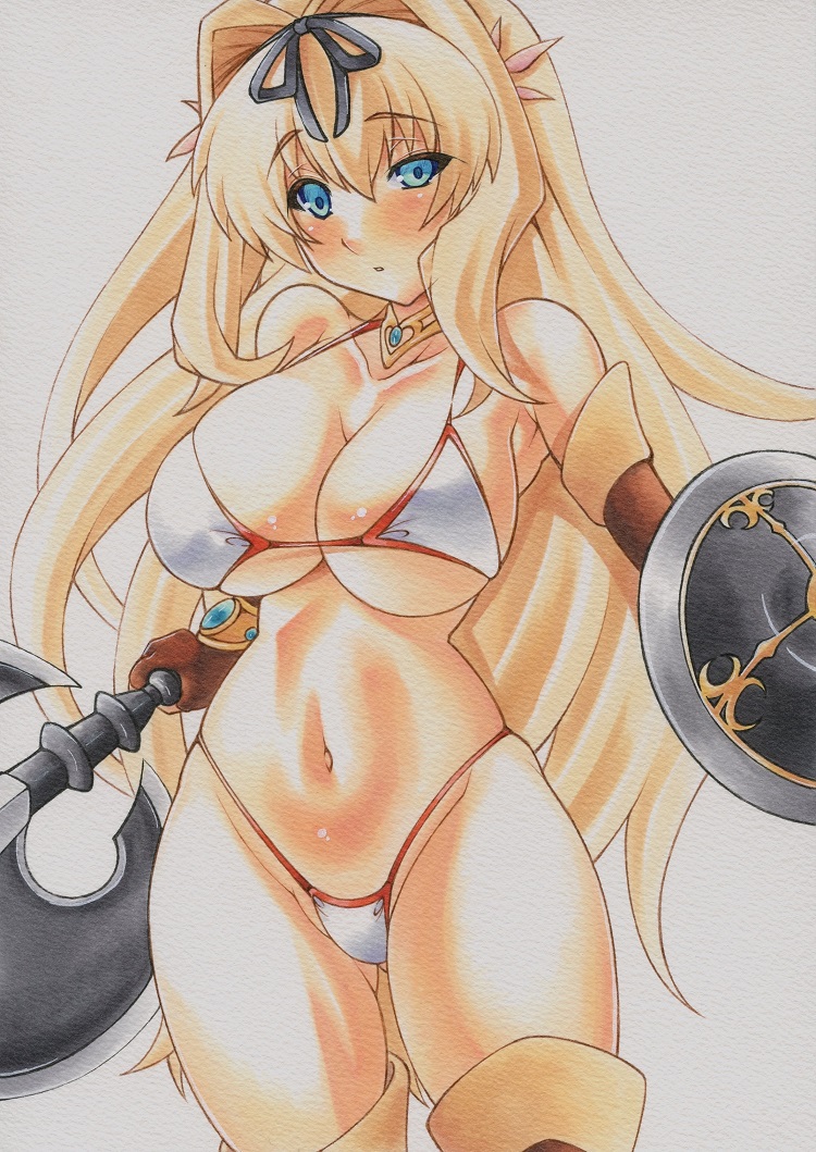 axe bikini blonde_hair blue_eyes boots breasts cleavage curvy gloves knee_boots kusugawa_sasara large_breasts long_hair ribbon shield simple_background solo swimsuit to_heart_2 traditional_media uneven_eyes very_long_hair weapon white_background white_bikini yutakasan-love