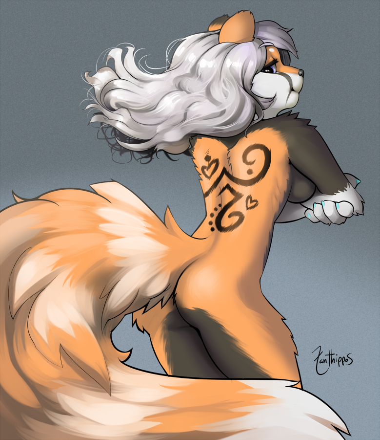 back back_turned blue_eyes breasts butt female fluffy_tail hair long_hair looking_back mammal nude red_panda redd side_boob silver_hair solo tattoo xanthippos