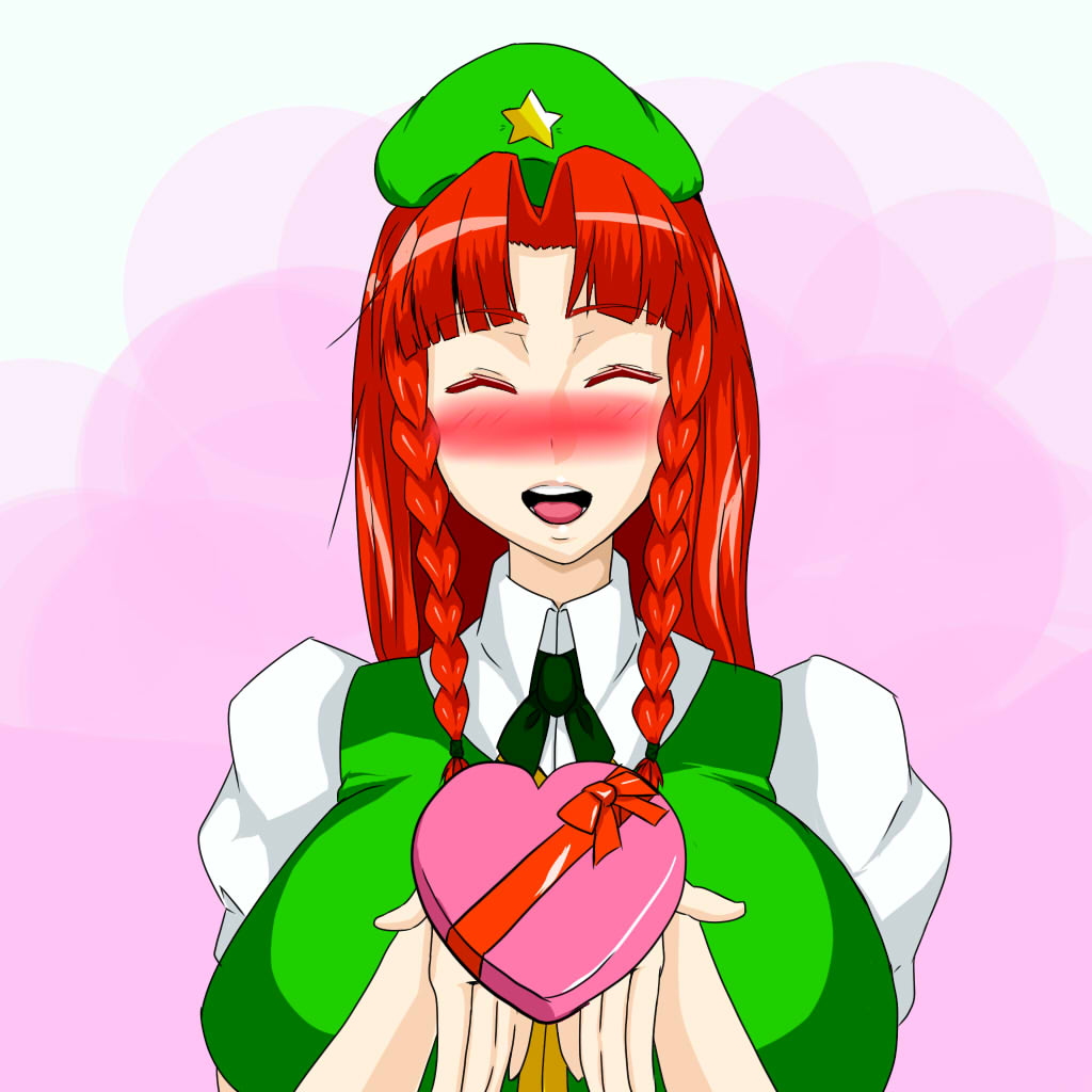 ^_^ ^o^ ascot beret blush box_of_chocolates braid breasts closed_eyes collared_shirt facing_viewer hat hiku hong_meiling large_breasts long_hair nose_blush open_mouth red_hair shirt smile solo star touhou twin_braids valentine
