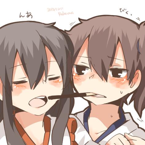 akagi_(kantai_collection) bad_id bad_twitter_id black_eyes blush brown_hair closed_eyes food kaga_(kantai_collection) kantai_collection long_hair lowres multiple_girls open_mouth pocky pocky_kiss rebecca_(keinelove) shared_food short_hair side_ponytail sweat