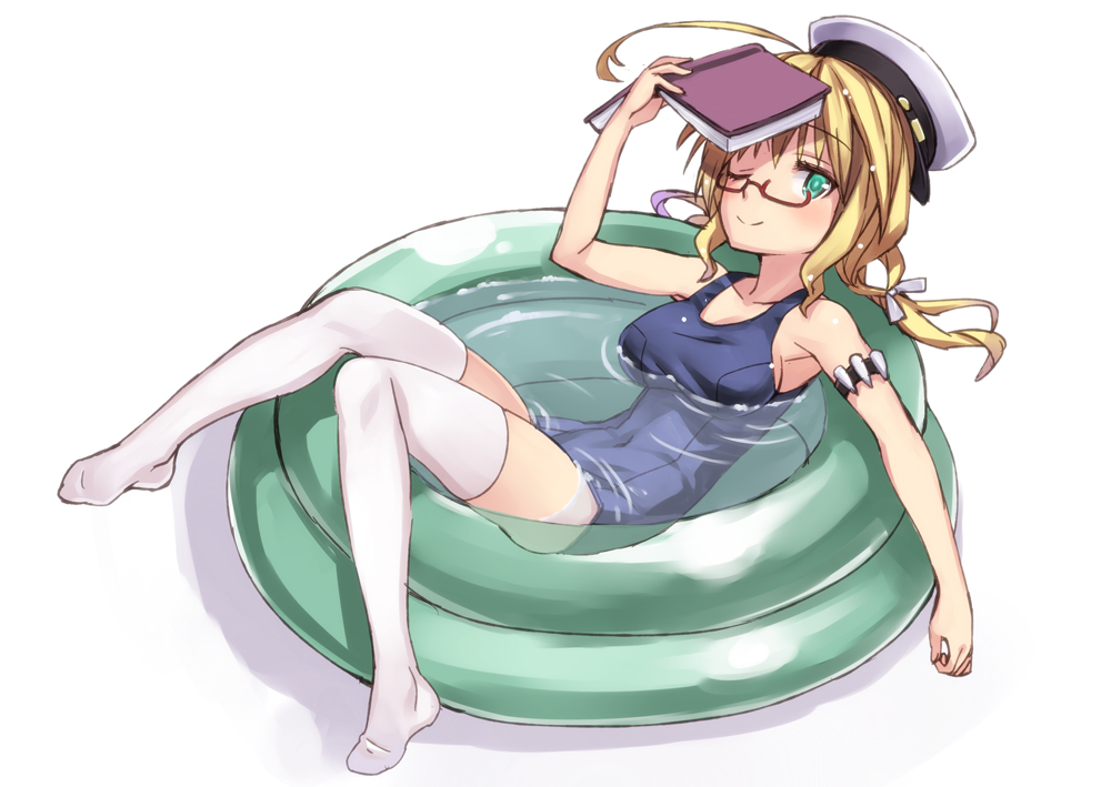 ahoge bad_id bad_pixiv_id blonde_hair blush book breasts glasses green_eyes hat i-8_(kantai_collection) kantai_collection large_breasts looking_at_viewer matsuryuu no_shoes one-piece_swimsuit one_eye_closed partially_submerged red-framed_eyewear school_swimsuit simple_background smile solo swimsuit thighhighs twintails wading_pool water white_background white_legwear