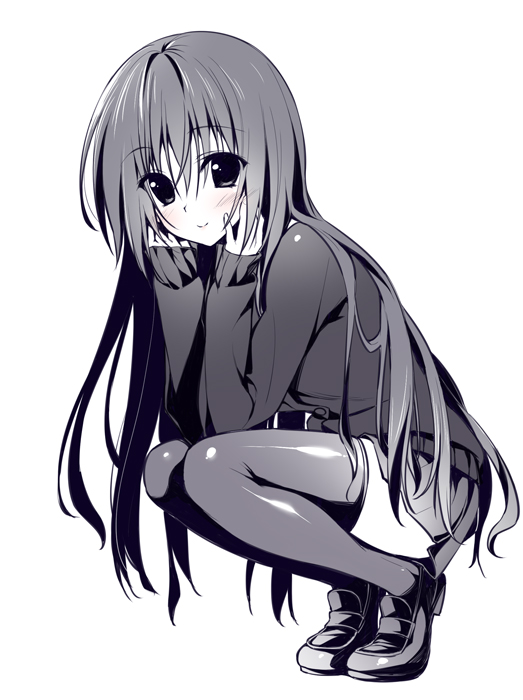 blush hands_on_own_cheeks hands_on_own_face loafers long_hair monochrome original oryou school_uniform shoes skirt solo spot_color squatting sweater thighhighs zettai_ryouiki