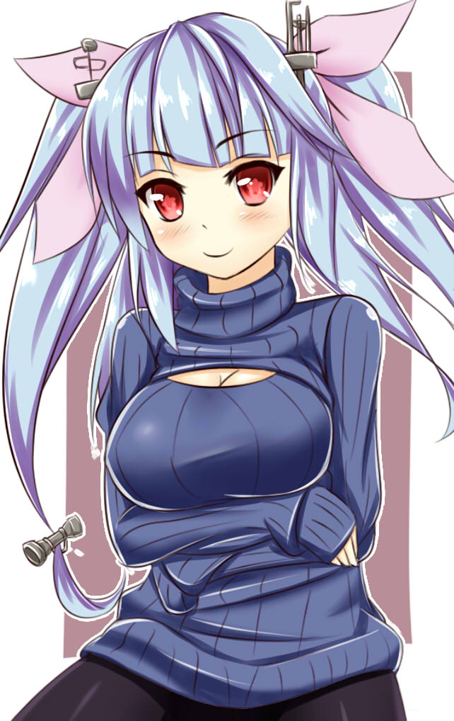alternate_costume aria_(okuda08808008) blue_hair blush breasts cleavage_cutout hair_ribbon i-19_(kantai_collection) kantai_collection large_breasts long_hair meme_attire open-chest_sweater red_eyes ribbed_sweater ribbon smile solo star star-shaped_pupils sweater symbol-shaped_pupils turtleneck twintails