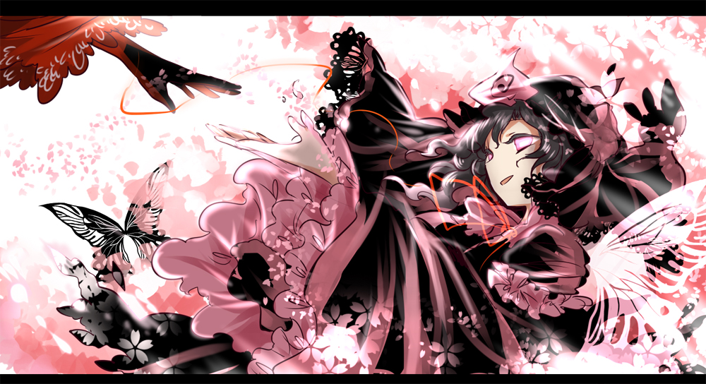 alternate_color black_dress black_gloves black_hair bug butterfly cherry_blossoms dress gloves hat insect letterboxed long_sleeves multiple_girls open_mouth outstretched_arm outstretched_hand pink_eyes red_dress red_string saigyouji_yuyuko shigureru smile string touhou triangular_headpiece veil wide_sleeves yakumo_yukari