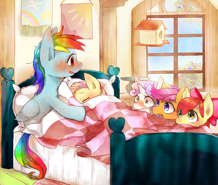 bed blue_fur blush bow chi-hayu cub cutie_mark_crusaders_(mlp) equine eyes_closed female feral fluttershy_(mlp) friendship_is_magic fur green_eyes group hair horn horse inside long_hair lying mammal multi-colored_hair my_little_pony open_mouth orange_fur pegasus pillow pink_hair pony purple_eyes purple_hair rainbow_dash_(mlp) rainbow_hair red_hair scootaloo_(mlp) shocked sleeping smile sweat sweetie_belle_(mlp) tongue two_tone_hair unicorn white_fur window wings yellow_fur young