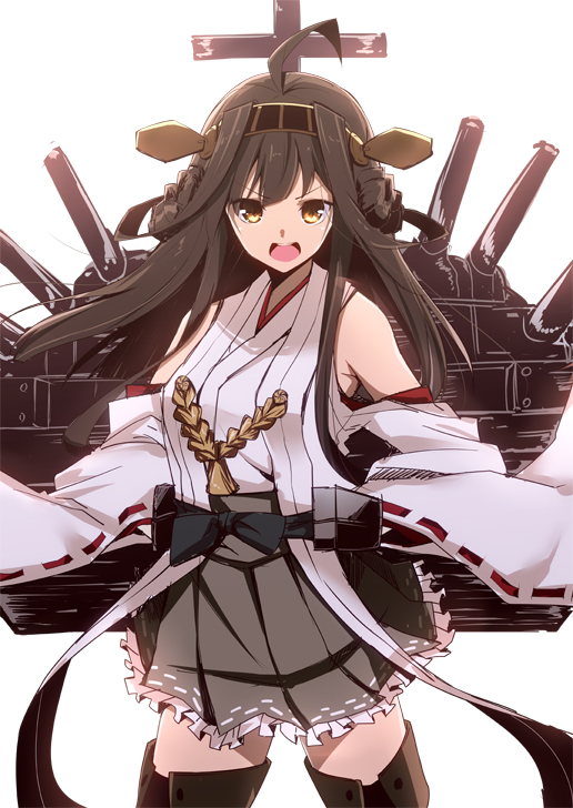 :d bad_id bad_pixiv_id bare_shoulders black_legwear blush boots brown_eyes brown_hair cannon detached_sleeves double_bun frilled_skirt frills hair_ornament hairband hajime_(kin'you_club) headgear japanese_clothes kantai_collection kongou_(kantai_collection) long_hair nontraditional_miko open_mouth ribbon-trimmed_sleeves ribbon_trim skirt smile solo thigh_boots thighhighs turret v-shaped_eyebrows