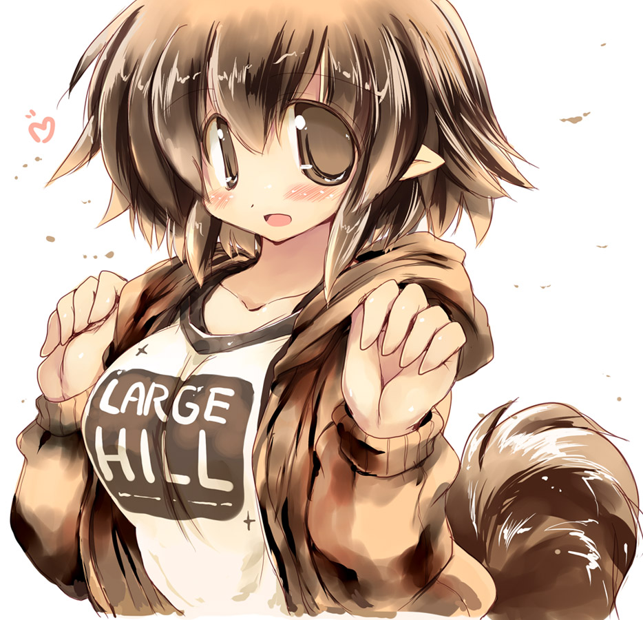 blush breasts brown_eyes brown_hair clothes_writing english heart large_breasts open_mouth original pointy_ears sakaki_(noi-gren) short_hair simple_background solo tail white_background