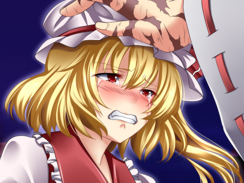 blonde_hair blush clenched_teeth crying crying_with_eyes_open detached_sleeves flandre_scarlet frills hat m.u.g.e.n multiple_girls original petting red_eyes scar sendai_hakurei_no_miko short_hair side_ponytail slit_pupils solo_focus tears teeth touhou yagami_(mukage)