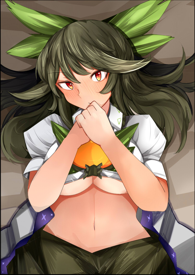 bad_id bad_pixiv_id black_hair blush bow breasts cape hair_bow hand_to_own_mouth large_breasts long_hair looking_at_viewer lying messy_hair midriff navel on_back puffy_sleeves red_eyes reiuji_utsuho sasavell slit_pupils solo third_eye touhou underboob