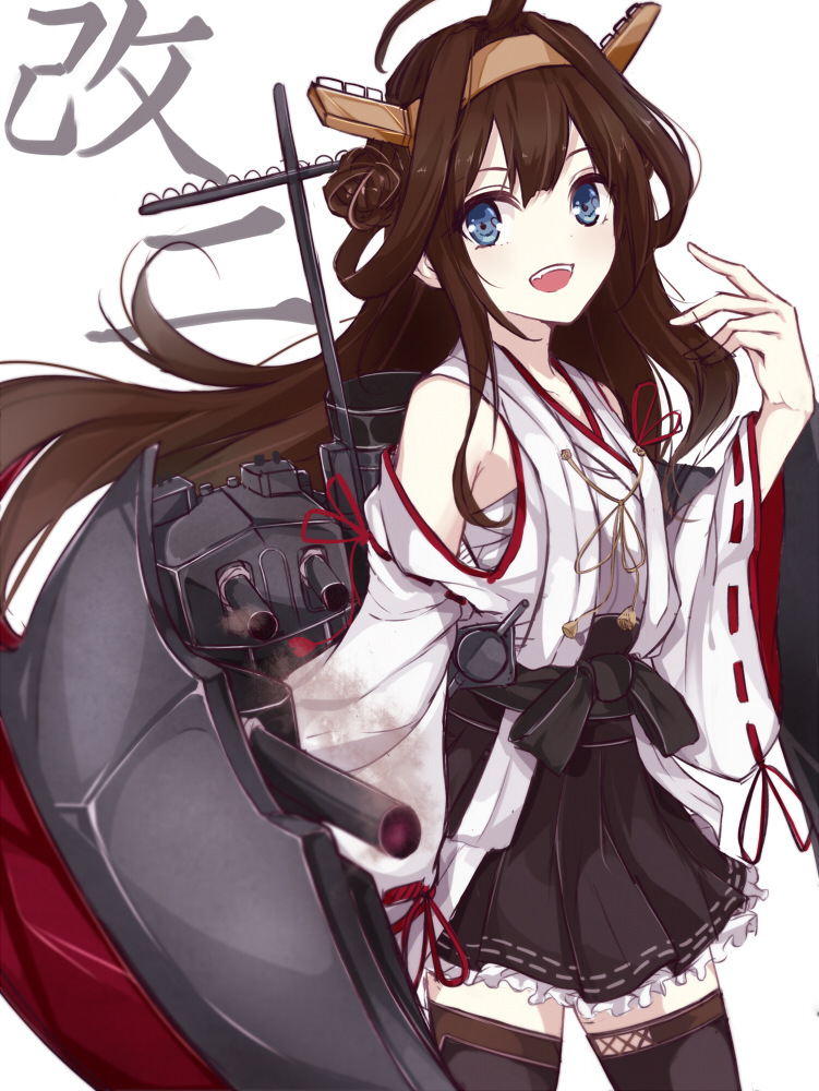 :d bare_shoulders berukko black_legwear blue_eyes blush boots brown_hair cannon detached_sleeves double_bun frilled_skirt frills hair_ornament hairband headgear japanese_clothes kantai_collection kongou_(kantai_collection) long_hair nontraditional_miko open_mouth ribbon-trimmed_sleeves ribbon_trim skirt smile solo thigh_boots thighhighs turret