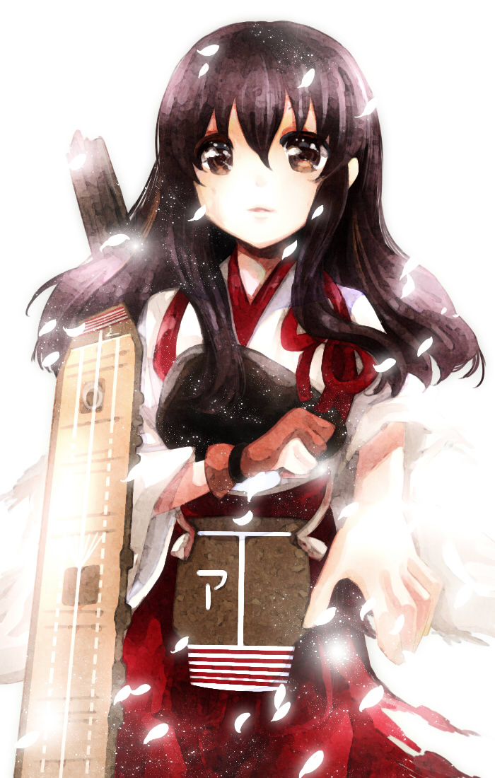 akagi_(kantai_collection) arrow bad_id bad_pixiv_id black_hair bloom blush brown_eyes gloves japanese_clothes kantai_collection light_particles lips long_hair long_sleeves muneate open_mouth partly_fingerless_gloves petals shizuki_aya simple_background single_glove skirt smile solo white_background wide_sleeves yugake