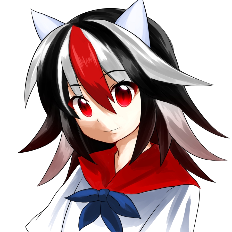 ascot black_hair horns kijin_seija looking_at_viewer multicolored_hair nayutaro necktie red_eyes ribbon simple_background smile solo touhou white_background