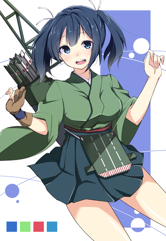 :d arrow bad_id bad_pixiv_id blue_eyes blue_hair blush breasts gloves hair_ribbon hajime_(kin'you_club) japanese_clothes kantai_collection long_sleeves medium_breasts open_mouth partly_fingerless_gloves quiver ribbon short_hair single_glove skirt smile solo souryuu_(kantai_collection) twintails wide_sleeves yugake