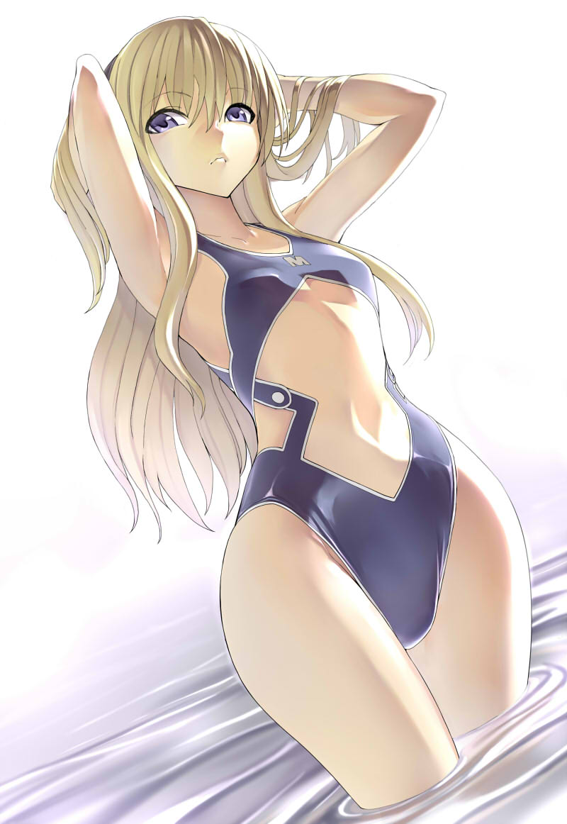 armpits arms_up blonde_hair blue_eyes blue_swimsuit collarbone hair_tucking hakaba_(dairiseki) long_hair one-piece_swimsuit parted_lips quiz_magic_academy shalon simple_background solo swimsuit wading water wide_hips