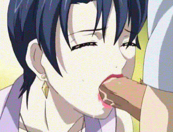 1boy 1girl animated animated_gif aunt blue_hair close-up deepthroat earrings emiko_(enbo) enbo eyes_closed fellatio incest irrumatio jewelry lipstick makeup milf mother_and_son oral penis saliva short_hair taboo_charming_mother uncensored