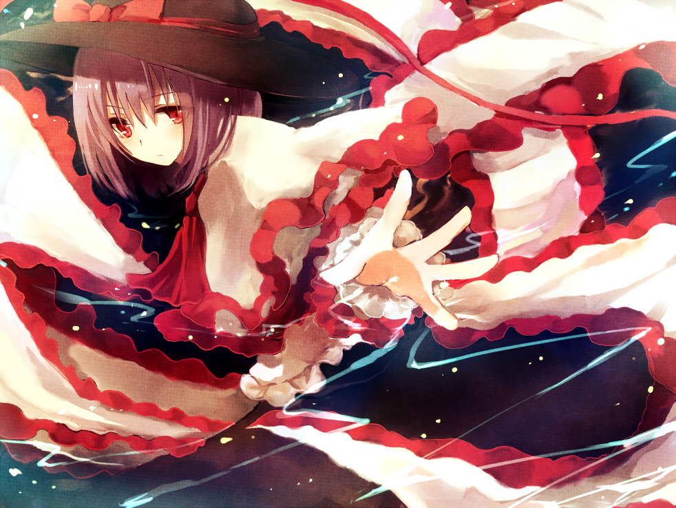 ascot capelet hat hat_ribbon kinona long_sleeves looking_at_viewer nagae_iku outstretched_arm outstretched_hand purple_hair red_eyes ribbon shawl solo touhou