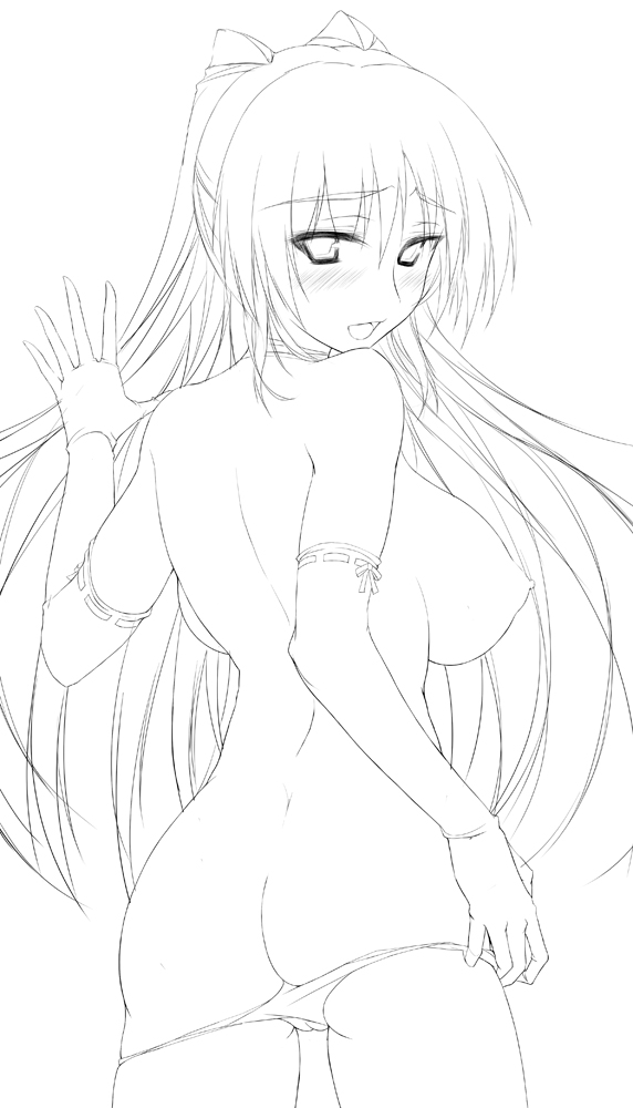 ass back blush breasts elbow_gloves from_behind gloves greyscale kousaka_tamaki large_breasts lineart long_hair looking_at_viewer looking_back monochrome naughty_face nipples open_mouth panties panty_pull solo to_heart_2 twintails underwear zekkyon