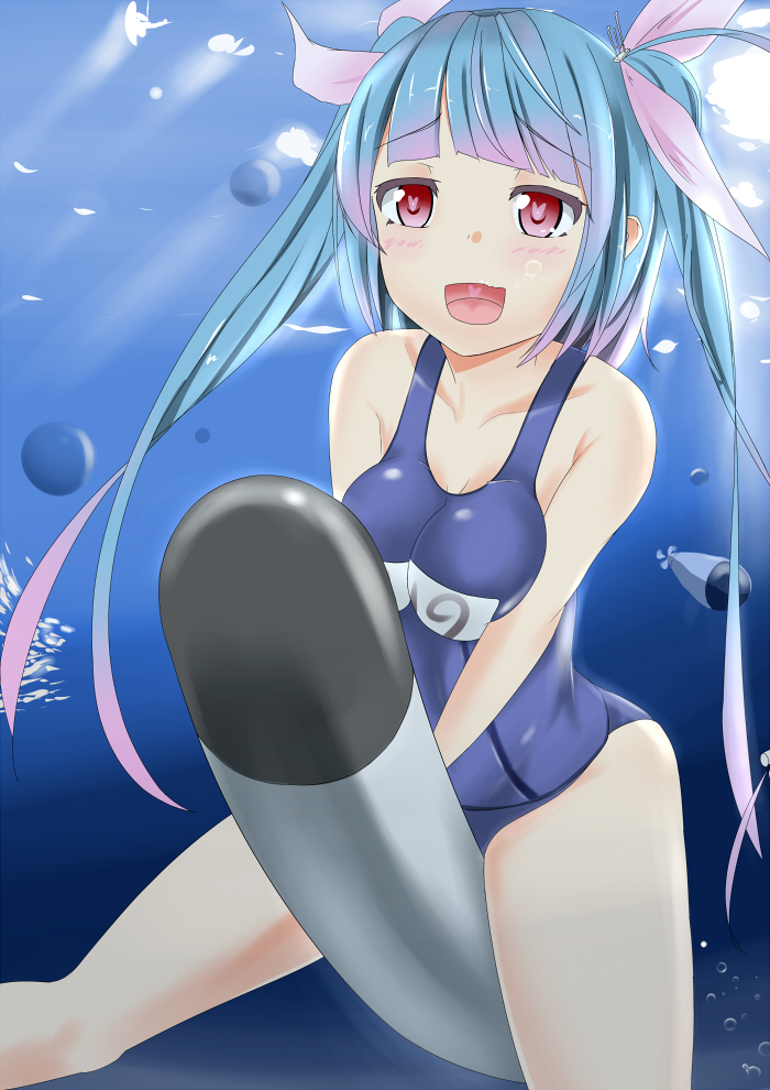 blue_hair breasts bubble daikikia_9 hair_ornament hair_ribbon i-19_(kantai_collection) kantai_collection large_breasts long_hair name_tag one-piece_swimsuit open_mouth red_eyes ribbon school_swimsuit smile solo star star-shaped_pupils swimsuit symbol-shaped_pupils torpedo twintails underwater