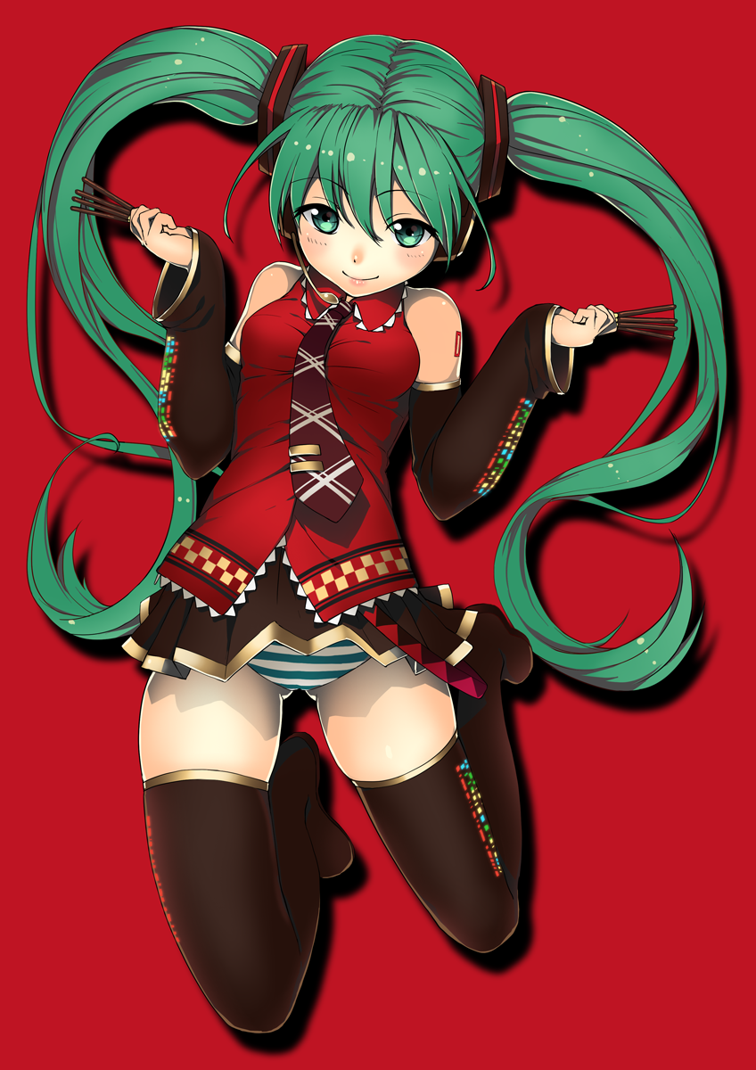 detached_sleeves food green_eyes green_hair hatsune_miku headphones highres kamome_yuu long_hair necktie panties pocky red_background skirt smile solo striped striped_panties thighhighs twintails underwear very_long_hair vocaloid