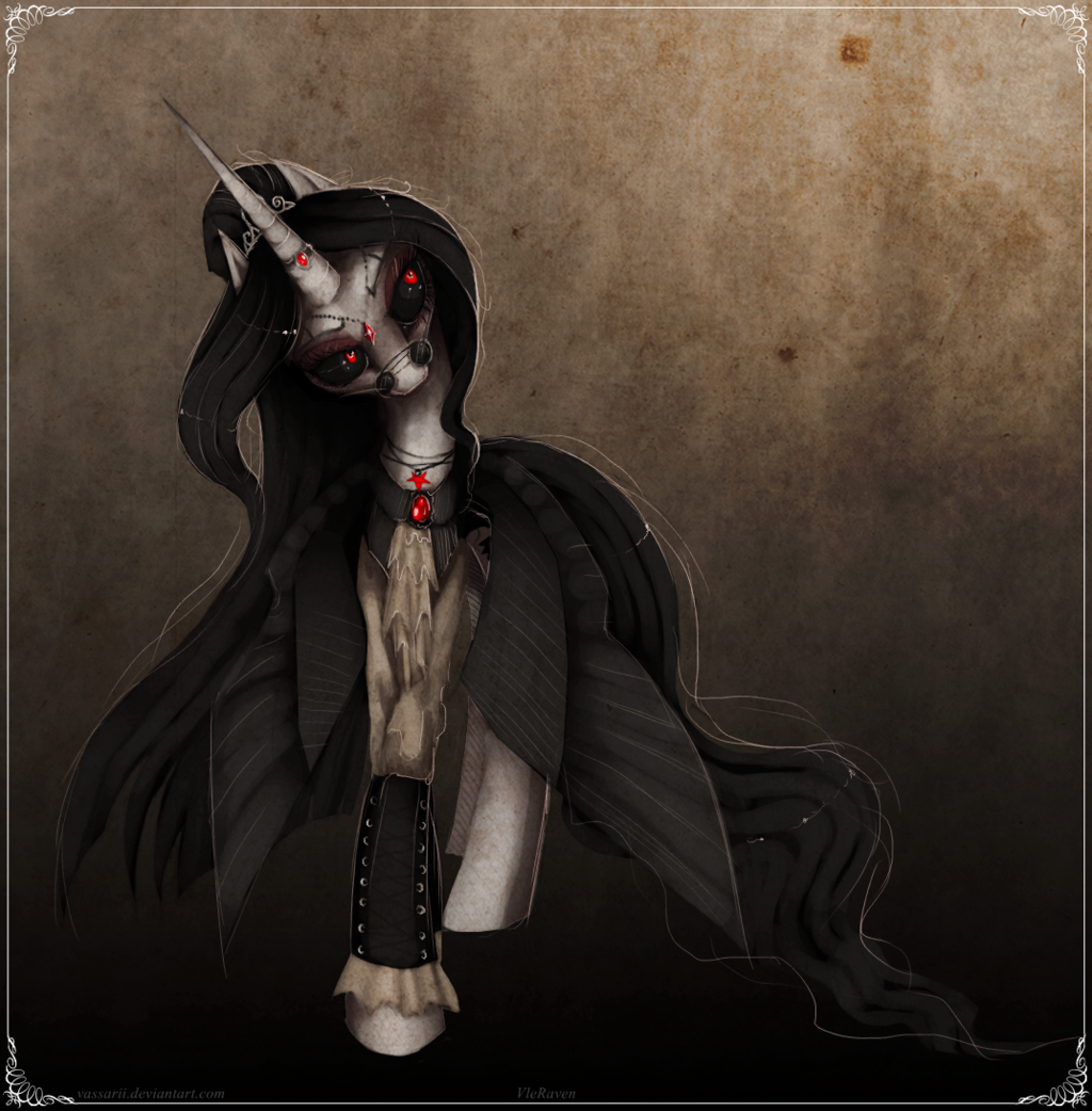 black_hair boots clothing equine eyewear female feral fur gem glasses hair horn horse jewelry long_hair mammal my_little_pony necklace original_character pony red_eyes solo unicorn vampire vileraven white_fur