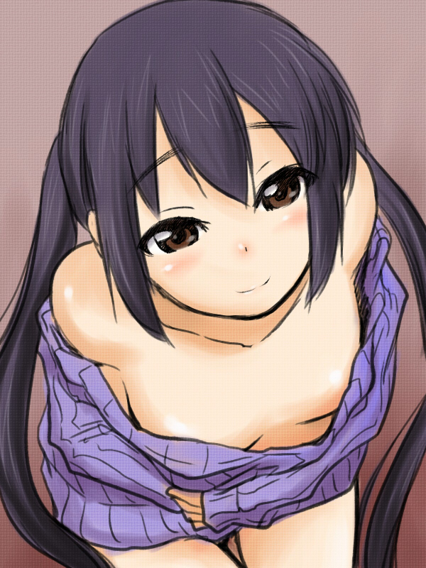 black_hair blush breasts brown_eyes downblouse k-on! leaning_forward long_hair looking_at_viewer nakano_azusa no_bra off-shoulder_sweater petite sakaki_imasato small_breasts smile solo sweater twintails undressing