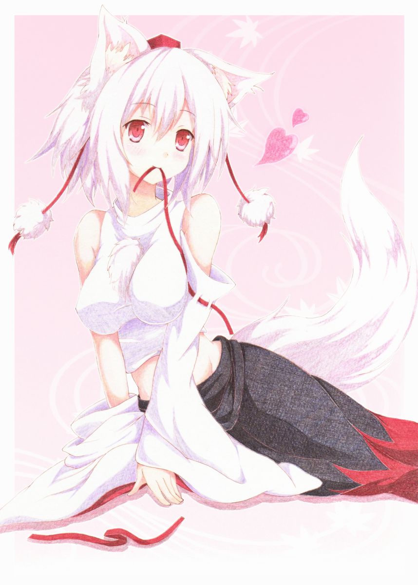 animal_ears bare_shoulders breasts detached_sleeves hat heart highres inubashiri_momiji kittona large_breasts midriff mouth_hold pink red_eyes ribbon short_hair smile solo tail tokin_hat touhou traditional_media white_hair wolf_ears wolf_tail