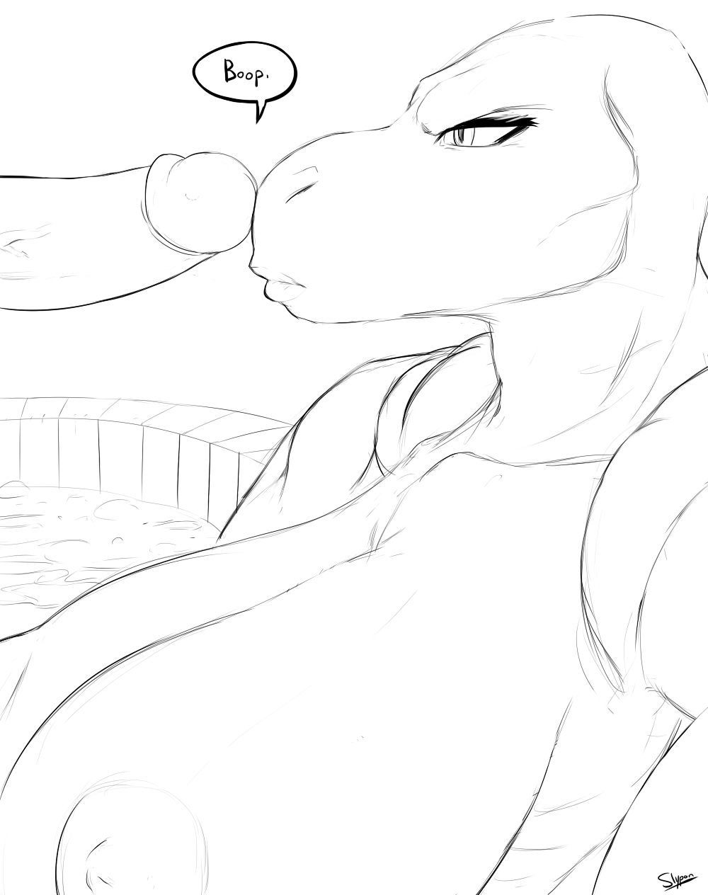 anthro areola bald big_breasts boop breasts dinosaur duo erect_nipples erection female frown huge_breasts male monochrome nipples nude penis scalie slypon unimpressed