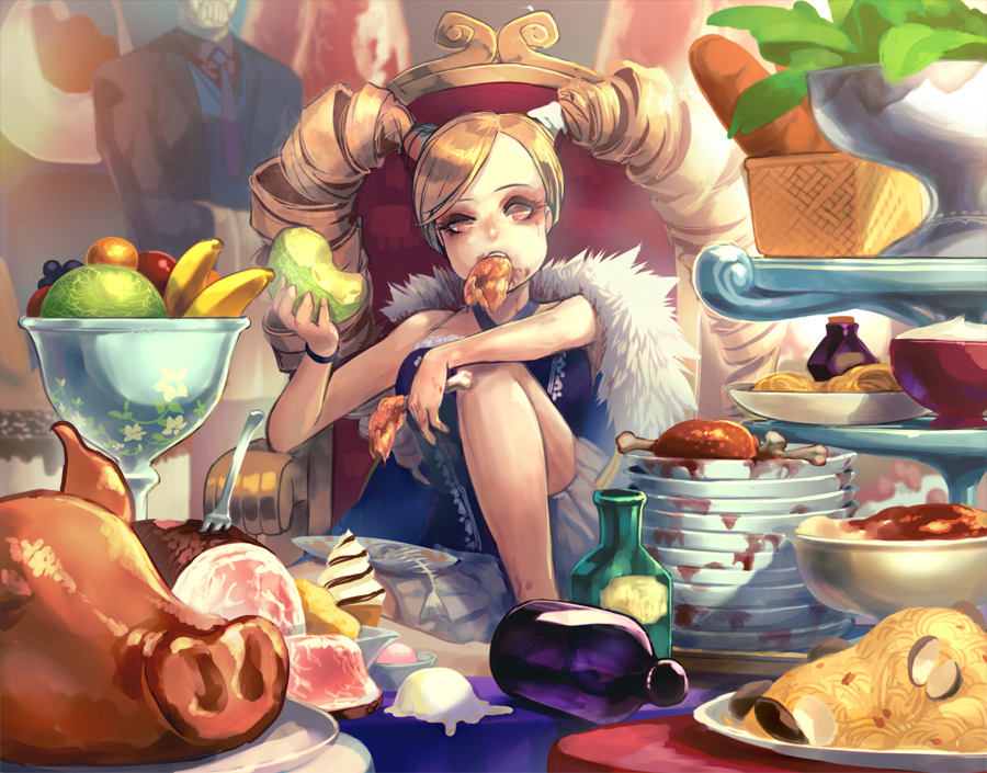 banana bottle bread cheek_bulge chicken_(food) chicken_leg clam dirty_face drill_hair eating food fork fruit grapes ice_cream ice_cream_cone long_hair meat melon minoo necktie orange original pasta pig_head pink_eyes servant solo_focus throne twin_drills twintails very_long_hair wristband