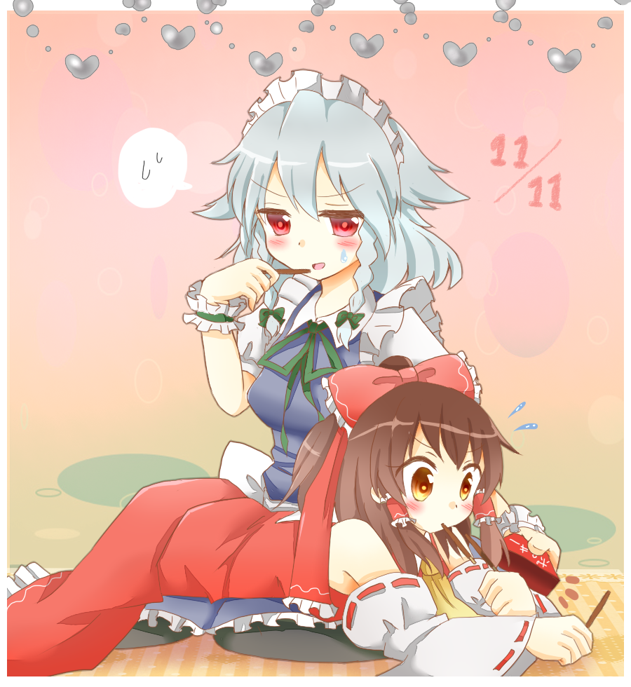 bare_shoulders blush_stickers bow braid breasts brown_hair dated detached_sleeves flying_sweatdrops food food_in_mouth gradient gradient_background hair_bow hair_tubes hakurei_reimu heart izayoi_sakuya looking_at_viewer looking_away lying lying_on_lap lying_on_person maid_headdress medium_breasts multiple_girls on_stomach open_mouth pantyhose pink_background pocky pocky_day ponytail red_eyes short_hair silver_hair sitting skirt skirt_set speech_bubble sweatdrop tanikake_yoku touhou twin_braids wariza wrist_cuffs