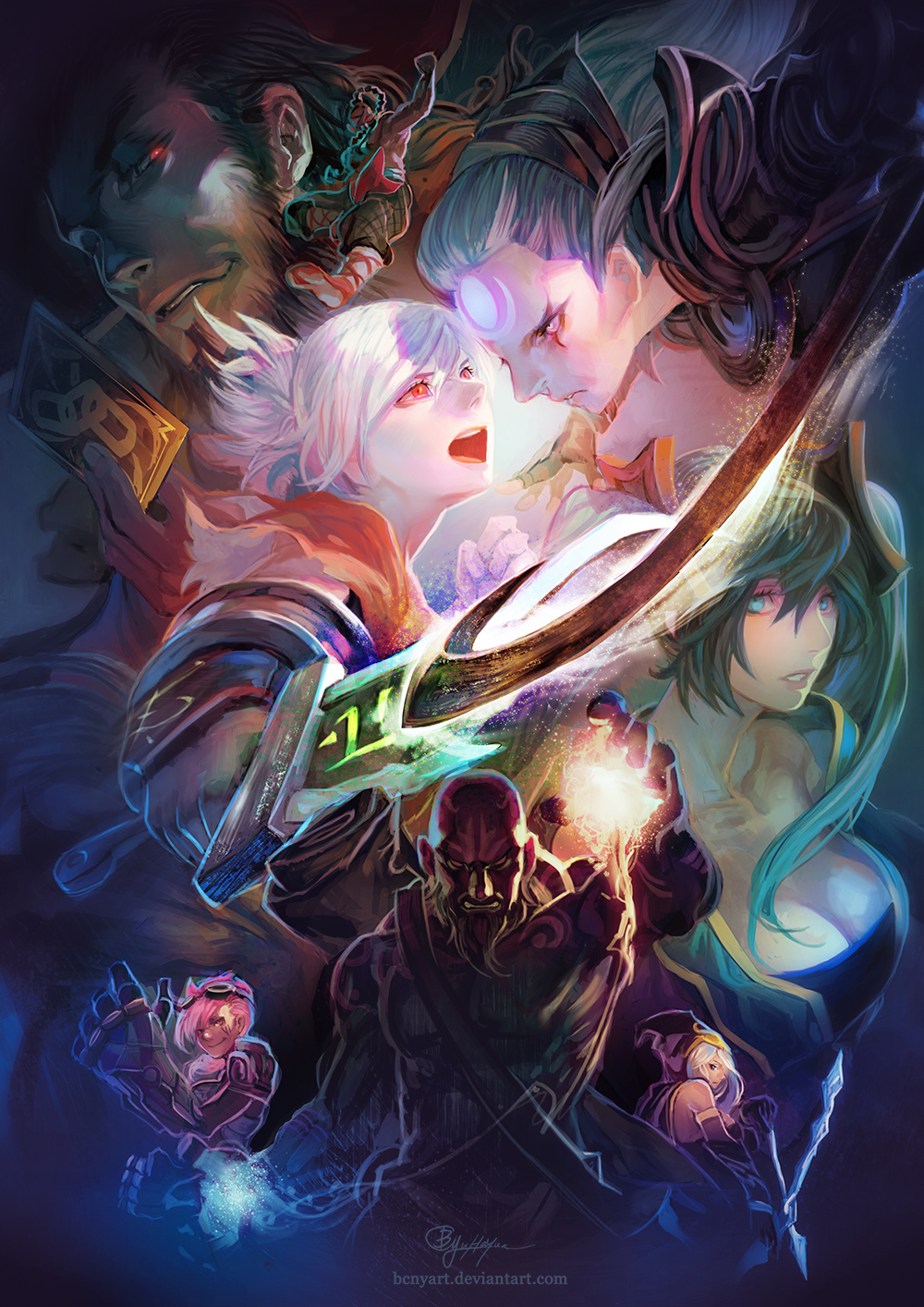 5girls ashe_(league_of_legends) b.c.n.y. beard blue_hair breasts card cleavage diana_(league_of_legends) facial_hair hat highres large_breasts league_of_legends lee_sin long_hair multiple_boys multiple_girls pink_hair red_eyes riven_(league_of_legends) ryze short_hair sona_buvelle sword tattoo twisted_fate vi_(league_of_legends) weapon white_hair