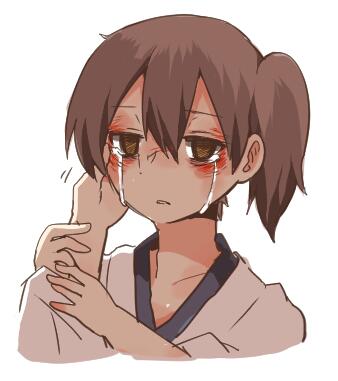 akagi_(kantai_collection) arm_holding bad_id bad_twitter_id brown_hair crying crying_with_eyes_open hand_on_another's_face kaga_(kantai_collection) kantai_collection looking_at_viewer lowres multiple_girls open_mouth rebecca_(keinelove) short_hair side_ponytail tears yellow_eyes