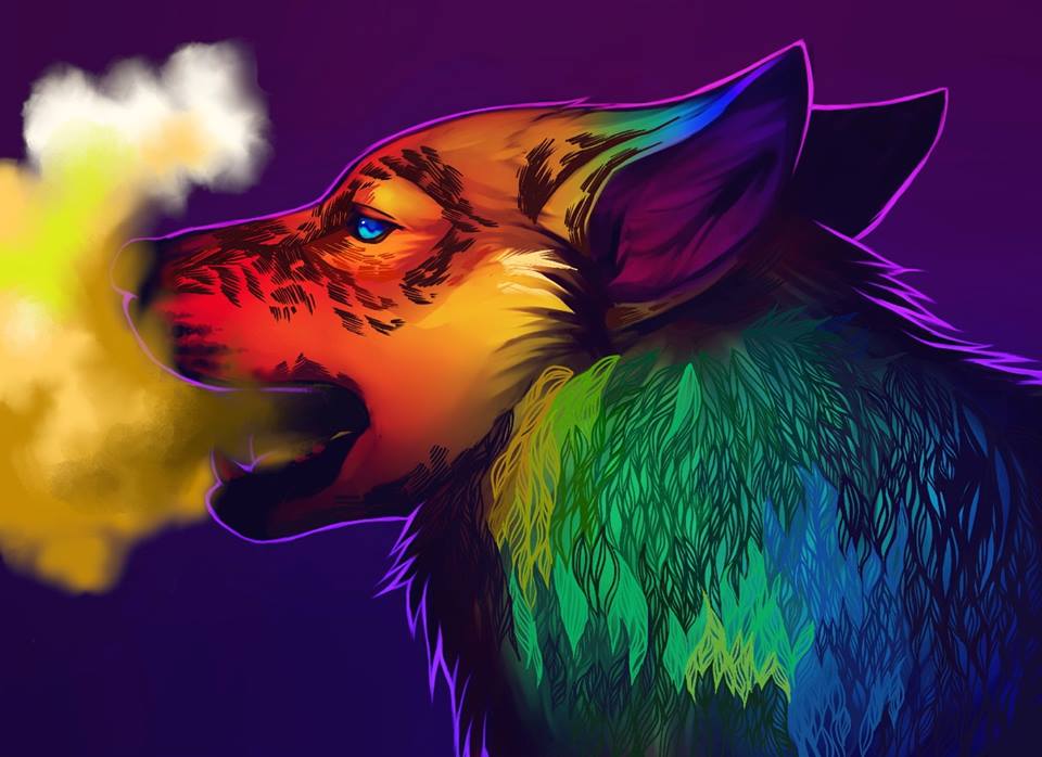 ambiguous_gender canine feral rainbow smoke solo unknown_artist wolf