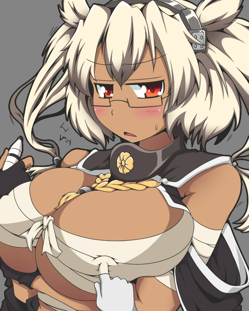 annoyed bare_shoulders blonde_hair blush breast_poke breasts budget_sarashi dark_skin glasses grey_background huge_breasts kani_club kantai_collection long_hair looking_at_viewer musashi_(kantai_collection) pointy_hair poking red_eyes sarashi simple_background solo underboob