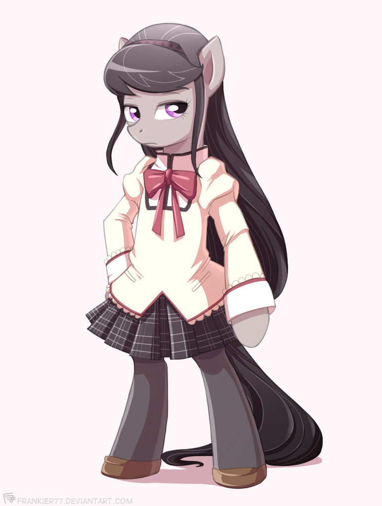 black_hair bow bow_tie clothed clothing cosplay crossover dress equine female feral frankier77 friendship_is_magic frown fur grey_fur hair horse long_hair mammal my_little_pony octavia_(mlp) plain_background pony puella_magi_madoka_magica purple_eyes school_uniform shoes skirt solo standing uniform white_background