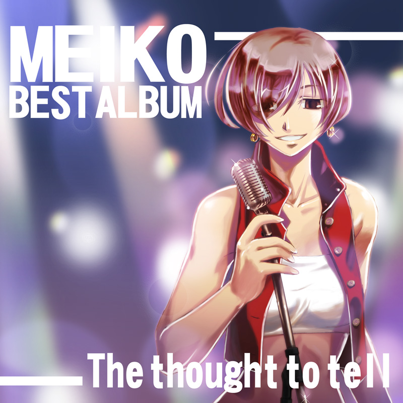 album_cover brown_eyes brown_hair cover earrings jewelry meiko microphone microphone_stand shieo short_hair smile solo vocaloid